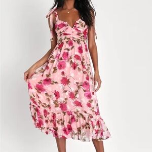 Lulus Lush Loveliness Pink Floral Jacquard Tie-Strap
Midi Dress